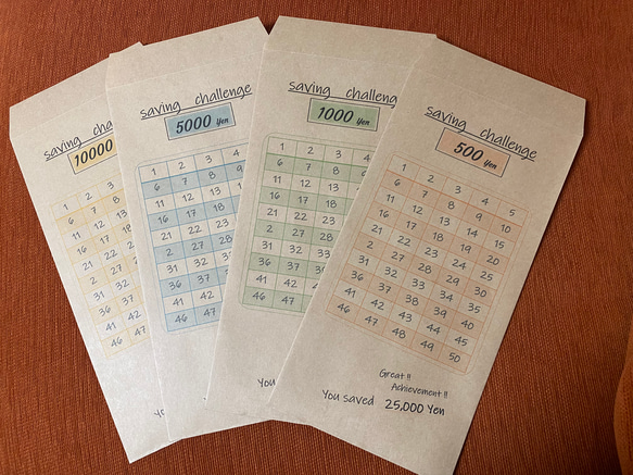 貯金封筒！長形3号、楽しく貯金。家計簿、500円〜10000円貯金、節約