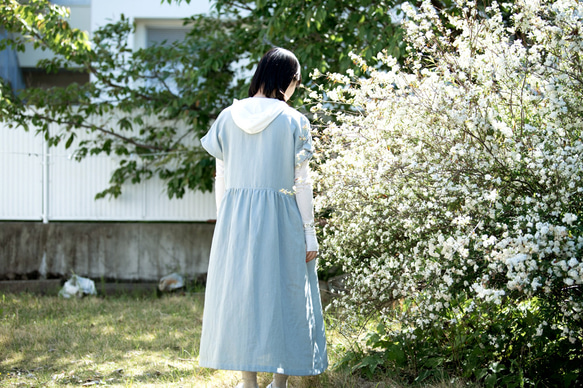 亞麻&amp;有機棉薄紗寬鬆短袖長裙【杜松子染色/植物染色】 第7張的照片
