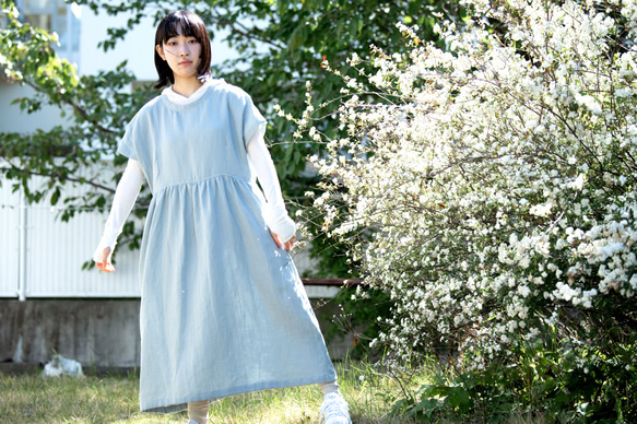 亞麻&amp;有機棉薄紗寬鬆短袖長裙【杜松子染色/植物染色】 第3張的照片