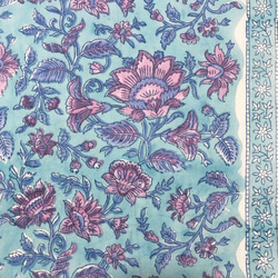 [50 公分單位] 淺藍色粉紅色紫色草裙舞，搭配一隻耳朵圖案印度手工塊印花布料紡織棉 第1張的照片