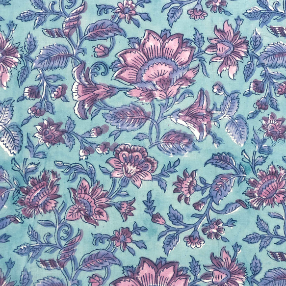 [50 公分單位] 淺藍色粉紅色紫色草裙舞，搭配一隻耳朵圖案印度手工塊印花布料紡織棉 第4張的照片