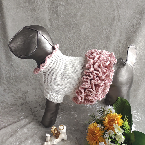 犬服・手編みフリルワンピースとセーターのペア ペット服