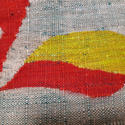 ワンタッチ帯　くらわん帯　正絹紬名古屋帯リメイク　カラシ色赤文様　作り帯　 4枚目の画像
