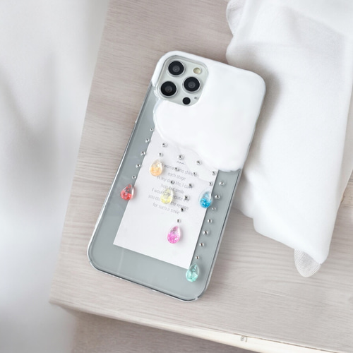 スマホケース　ハンドメイド iPhone15　全機種対応 Android iPhone ケース 全機種対応 しずく 雲 雨 キラキラ カラフル 推し