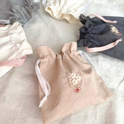 ぷっくりモコモコな手刺繍のミニ巾着ポーチ/ベビーピンク 15枚目の画像