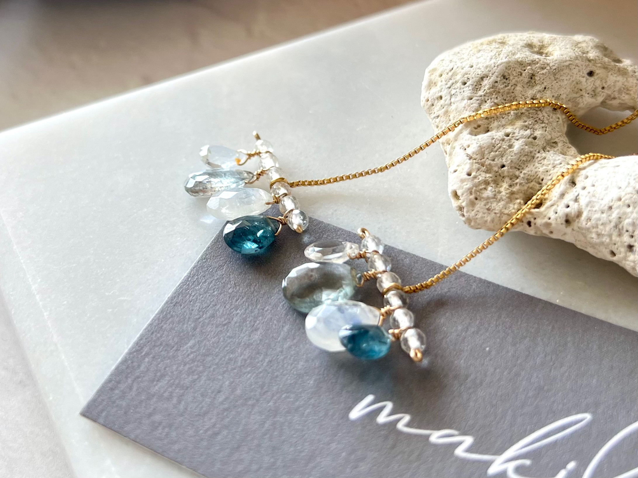 【再販】バーアメリカンピアス【アクアマリン＆カイヤナイト】14kgf 透明感 クリア ブルー ニュアンスカラー