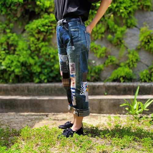 パッチワーク アレンジ でオシャレに リメイク デニムパンツ ロング