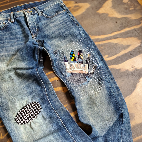 ハンドモチーフ 刺し子 パッチワーク リメイク USED デニム