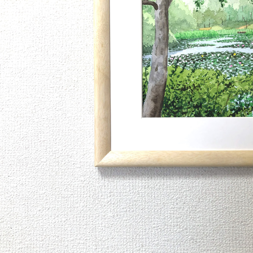 スイレンの咲く池」透明水彩画 原画 風景画 額縁付 F4サイズ