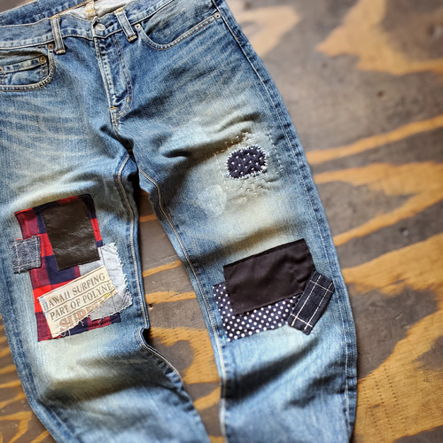 メンズ ロック パッチワーク 刺し子 リメイク USED デニムパンツ
