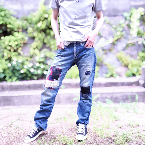 メンズ ロック パッチワーク 刺し子 リメイク USED デニムパンツ