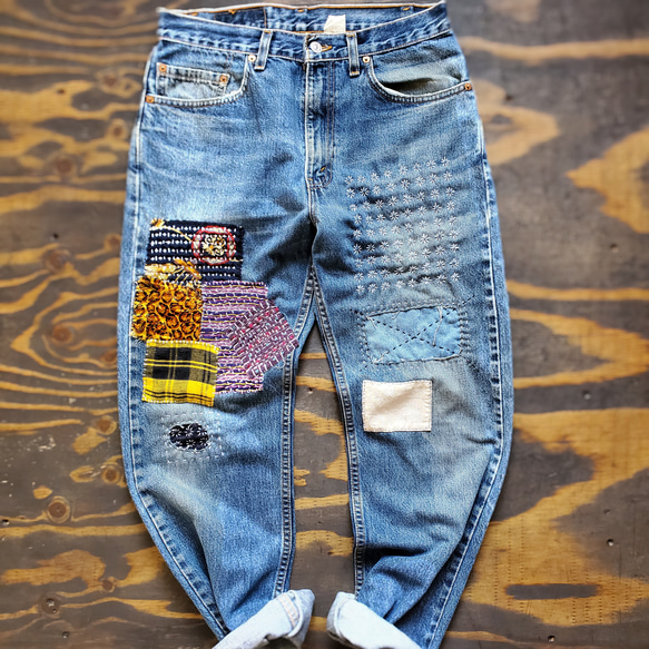 メンズ 柄　ネル　刺し子 パッチワーク リメイク USED デニムパンツ Levi's505 USA製 90s 2枚目の画像