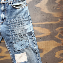 メンズ 柄　ネル　刺し子 パッチワーク リメイク USED デニムパンツ Levi's505 USA製 90s 6枚目の画像