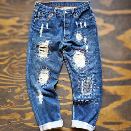 カラフル 刺し子 スティッチ リメイク ダメージ加工 USED デニム