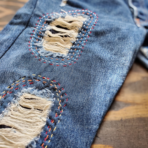 カラフル 刺し子 スティッチ リメイク ダメージ加工 USED デニム