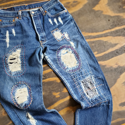 カラフル 刺し子 スティッチ リメイク ダメージ加工 USED デニムパンツ