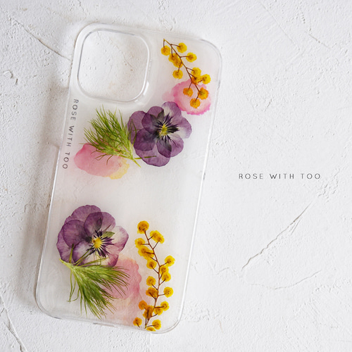 ミモザとビオラの押し花スマホケース【iPhone全機種対応