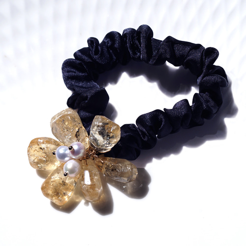 シュシュ ヘアゴム パワーストーン シトリン×クラック水晶