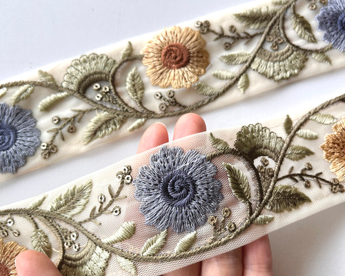 50cmカット済】インド刺繍リボン ベージュxブルーxカーキ