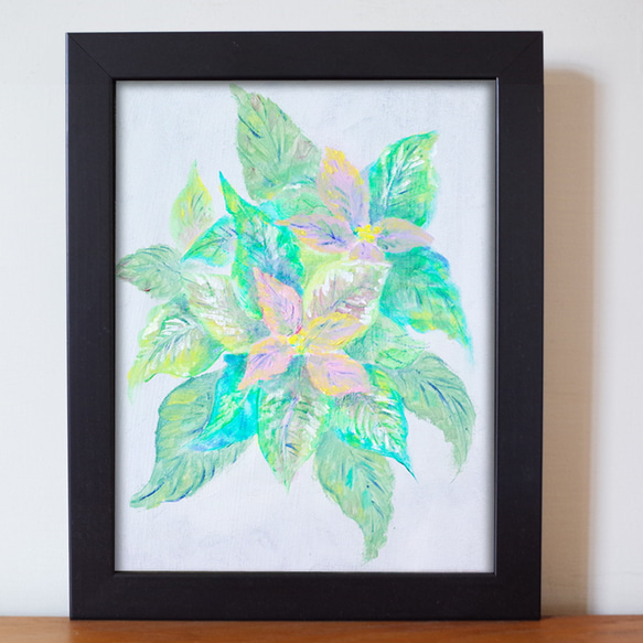 ポインセチア 油画 油彩画 F3号 額縁付き サイズ約28.5*23.5cm 絵画
