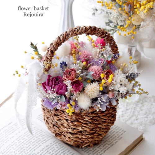予約販売》《特集掲載》ドライフラワーローズの花摘みミニカゴアレンジ