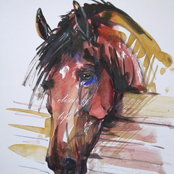 厩舎で飼い主を待つ馬２０２３(水彩画用紙21cm×２９ｃｍ、Ａ４サイズ、墨、水彩、パステル） 1枚目の画像
