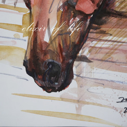 厩舎で飼い主を待つ馬２０２３(水彩画用紙21cm×２９ｃｍ、Ａ４サイズ、墨、水彩、パステル） 3枚目の画像