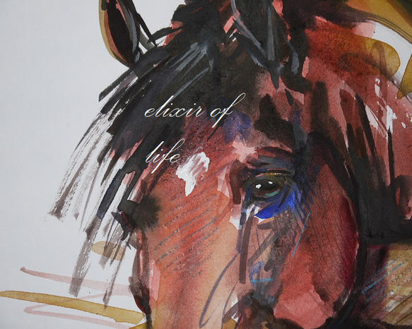 厩舎で飼い主を待つ馬２０２３(水彩画用紙21cm×２９ｃｍ、Ａ４サイズ、墨、水彩、パステル） 2枚目の画像