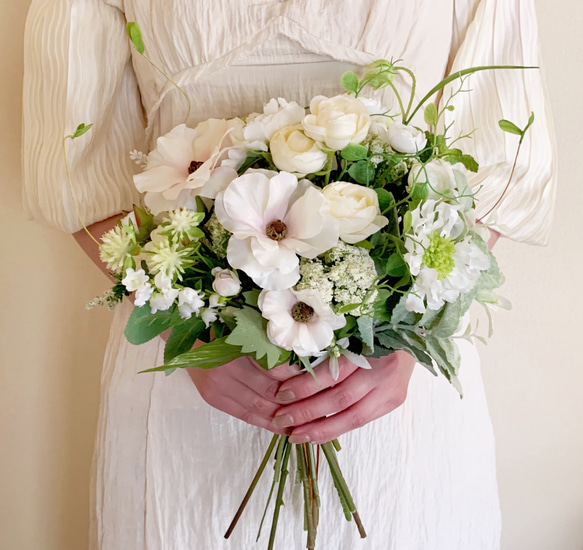 S　ブートニアセット　ブーケ　アーティフィシャルフラワー　結婚式　韓国風 ウェディングブーケ ホワイトグリーンナチュラル ブートニア