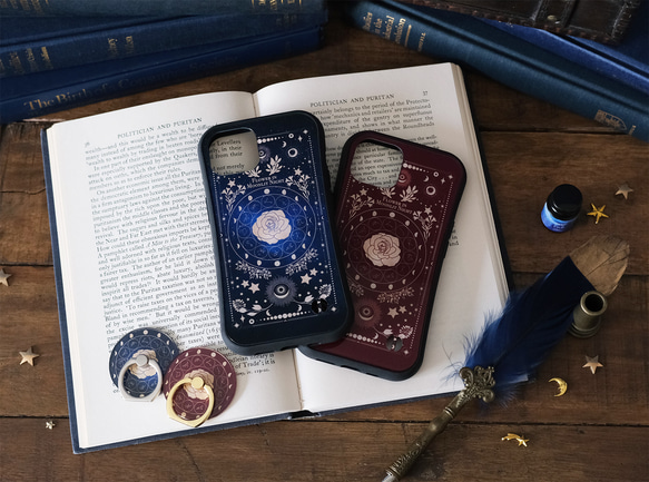 架空の洋書 "月夜の花" 12星座とアンティークフラワーの本 iPhoneグリップケース 1枚目の画像