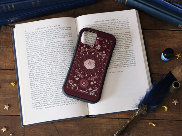 架空の洋書 "月夜の花" 12星座とアンティークフラワーの本 iPhoneグリップケース 3枚目の画像