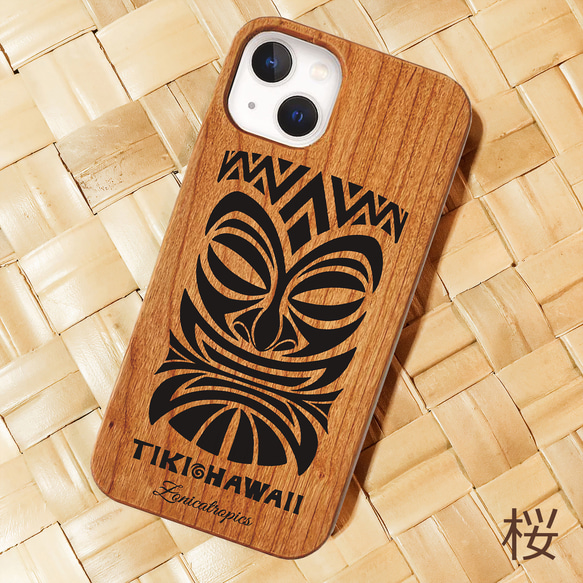 iPhone 【TIKI・HAWAII】梨&桜ウッドケース　納期長め　木製　ハワイ　ティキ　スマホケース 2枚目の画像
