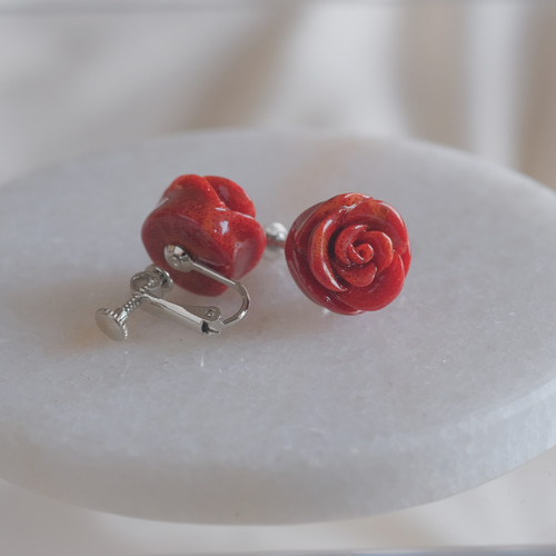 赤珊瑚ピアス・イヤリング African coral earring バラ 薔薇 ローズ