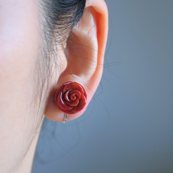 赤珊瑚ピアス・イヤリング African coral earring　バラ　薔薇　ローズ 5枚目の画像