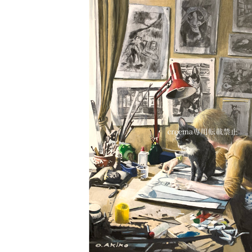 絵/絵画/猫/ハチワレ/アトリエ/A4/原画/アクリル画/手書き