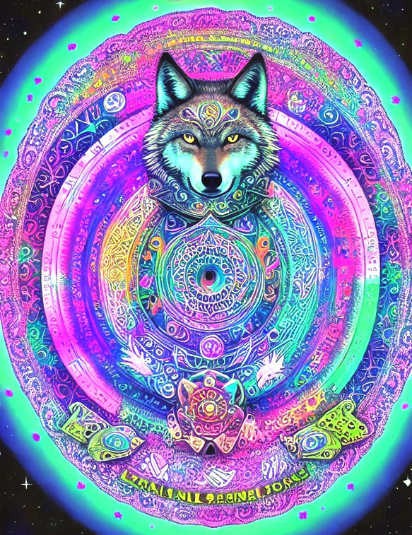 狼　曼荼羅　ドライ　Tシャツ　サイケデリック　アニマル　オオカミ　WOLF　グッズ　瞑想　ヨガ　ヒーリング　宇宙 2枚目の画像