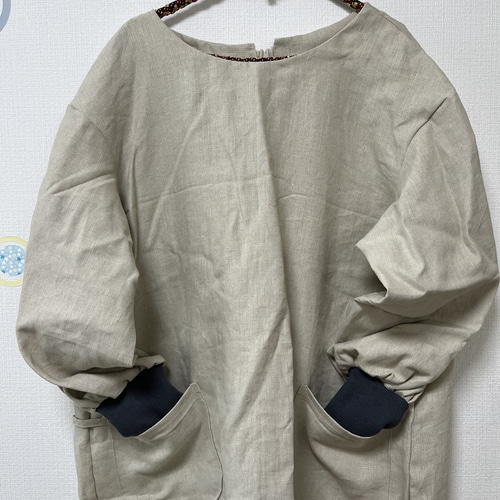 リネン割烹着 リブ袖 グレージュ エプロン nonohana 通販 15791624