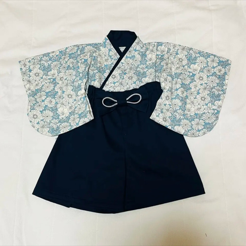 ベビー袴 ハンドメイド ベビー着物 ブルー系白花柄 白 60 70 80