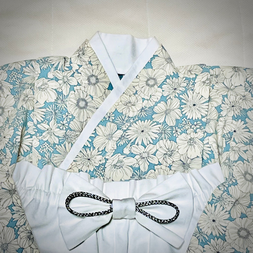 ベビー袴 ハンドメイド ベビー着物 ブルー系白花柄 白 60 70 80