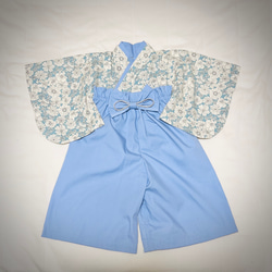 ベビー袴　ハンドメイド　ベビー着物　ブルー系白花柄　水色　60 70 80サイズ 2枚目の画像