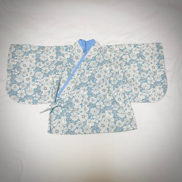 ベビー袴　ハンドメイド　ベビー着物　ブルー系白花柄　水色　60 70 80サイズ 4枚目の画像