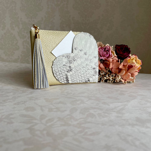 ミニ財布 コンパクト L字ファスナー ハートモチーフ ♡ライトゴールド