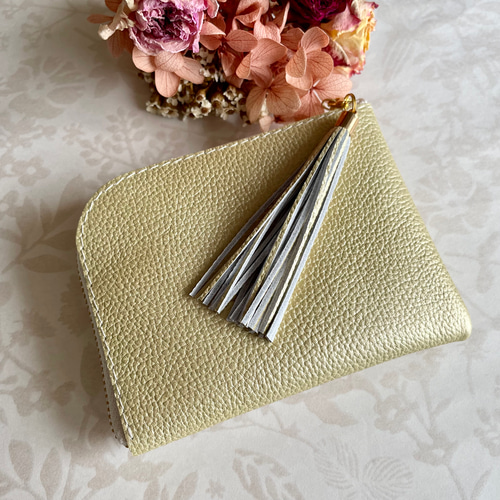 ミニ財布 コンパクト L字ファスナー ハートモチーフ ♡ライトゴールド