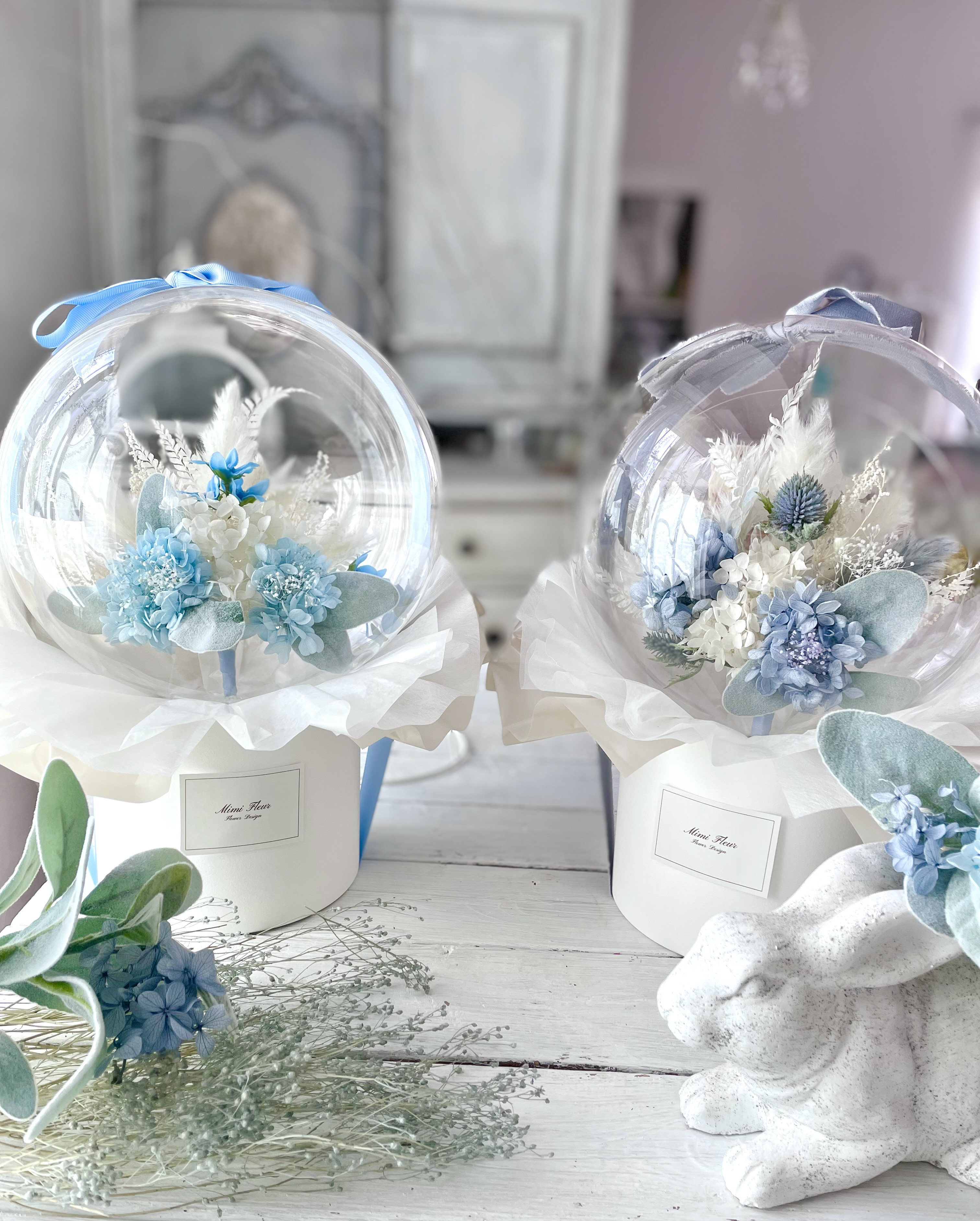 紫陽花とブルースターの水色バルーンフラワー 祝電 母の日