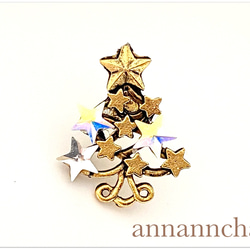 【アメリカ製　クリスマスツリー（ゴールド）swarovski 付き　小さい　ピンブローチ】 1枚目の画像