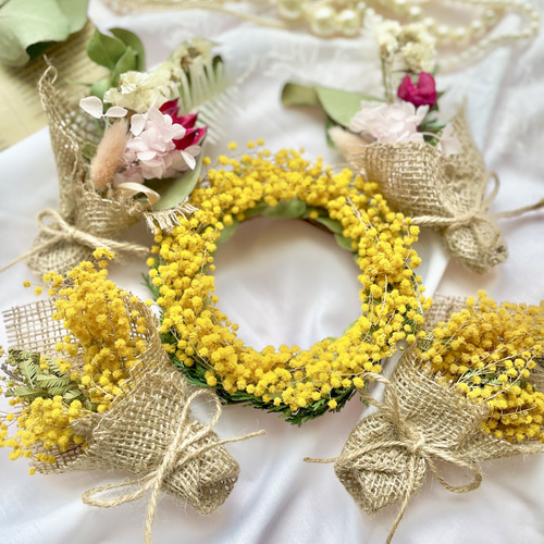 ミモザ達のドライフラワー❁⃘小さなリースとスワッグのガーランド  