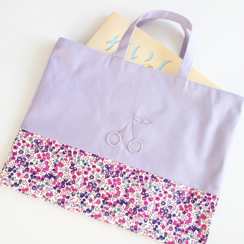 レッスンバッグ パープル ラベンダー さくらんぼ 刺繍 リバティ