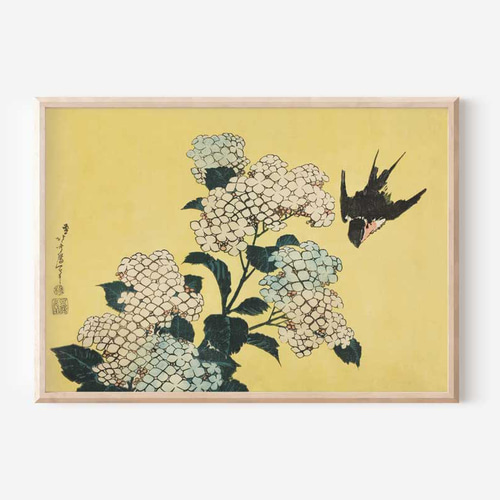 葛飾北斎、紫陽花に燕、日本画、和モダンポスター、古民家 葛飾北斎、紫陽花に燕、日本画、和モダンポスター、古民家