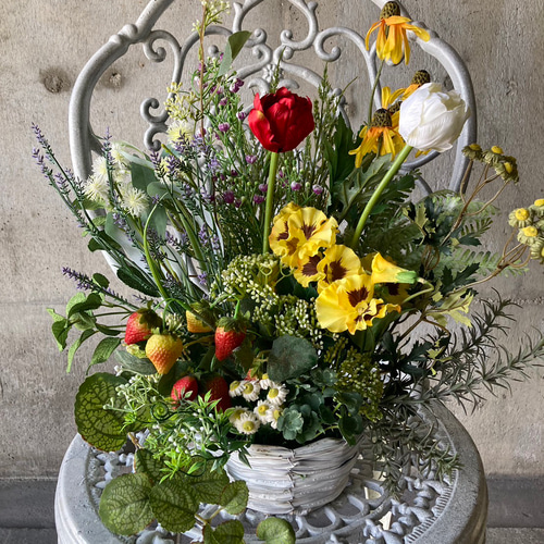 光触媒 人工観葉植物 ウォールグリーン フェイクグリーン 籠花アレンジ  