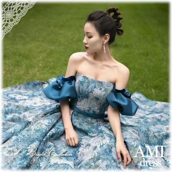 カラードレス 青 ロングドレス 取り外し可能な袖付き 結婚式 演奏会用ドレス 織物生地 ブルー　cd22790 2枚目の画像